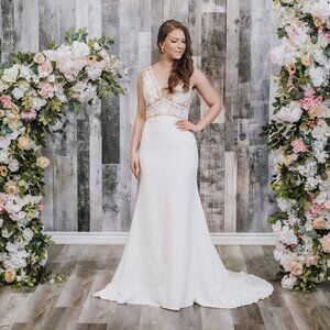 Sheath Wedding Dress | Size 10 | Plunging V-Neck, Beaded Lace
